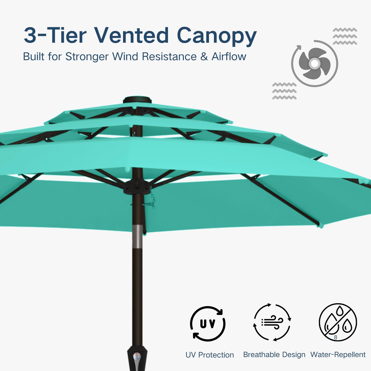 Patio Kingdom 10FT Patio Umbrella 3 Tiers Outdoor Market Umbrella w/Push Button Tilt, Crank, UV and Waterproof Table Umbrella for Garden, Pool, Backyard, Deck, Lawn, Turquoise Blue