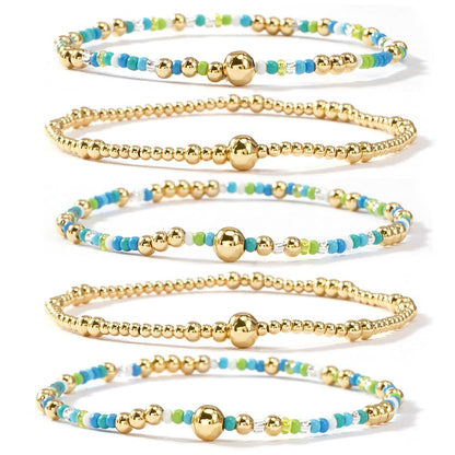 SHINUS BOHO Gold Beaded Bracelet Stack for Women,Bohemian Stretch Blue Seed Beads Stackable Bracelets Set Fashion Holiday Birthday Summer Accessories Jewelry Gift Friendship