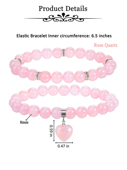 MANIFO 2pcs Rose Quartz Heart Crystal Bracelet for Women Crystal Bracelet Set Gemstone Beads Bracelets Jewellery Gifts for Birthday Valentines Christmas