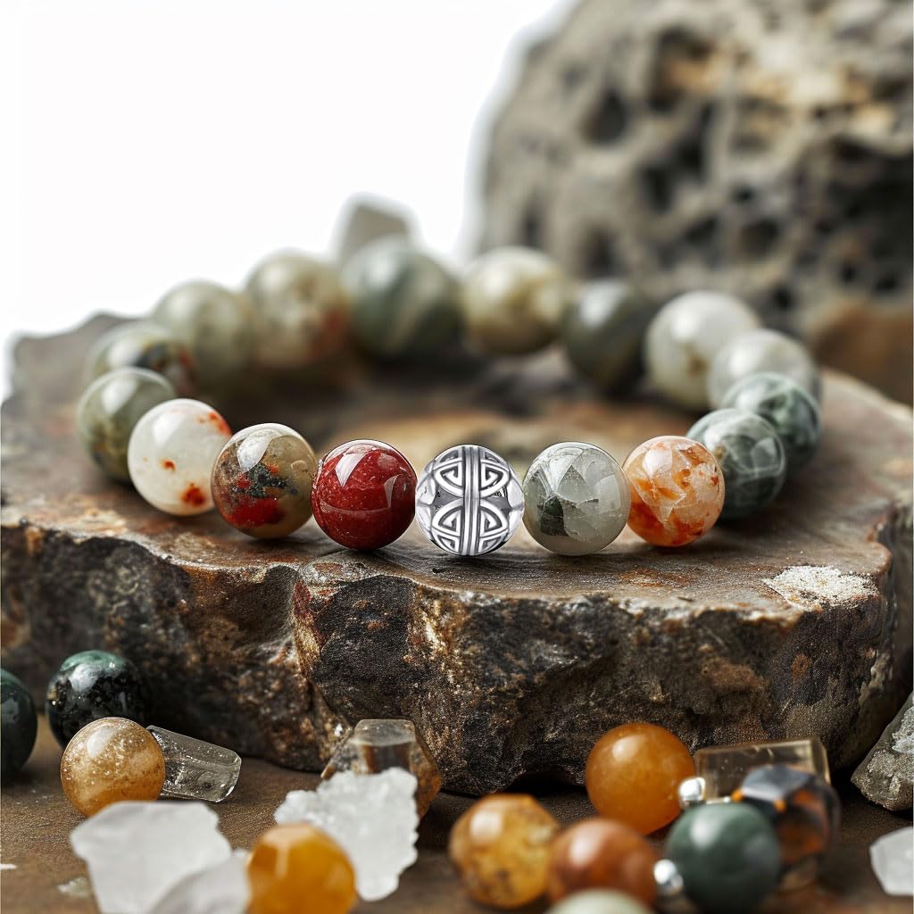 MetJakt Healing Crystals Beaded Bracelets for Womens Natural Gemstone 8mm Beads Stretch Bracelets with 925 Sterling Silver Double Happiness Pendant (African blood stone)