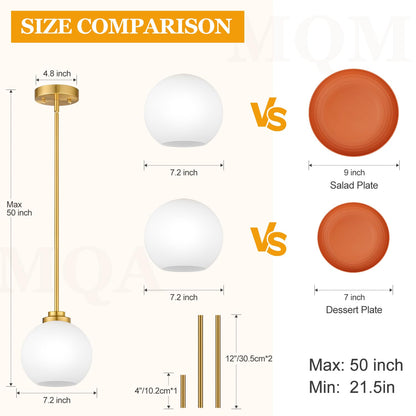 2 Pack 7.2-Inch Globe Pendant Lights, Mid Century Gold Pendant Light Fixtures, Globe Pendant Lights Kitchen Island with Milk Glass Shade Adjustable Hanging Fixture for Dining Room (Bulbs not Included)