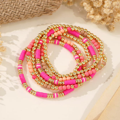 Bohxantium Gold Beaded Friendship Bracelets Stack for Women Boho Pink Heishi Clay 14K Gold Plated Beads Ball Stackable Stretch Surfer Colorful Preppy Bracelet Trendy Jewelry Daily Wear Birthday Gift