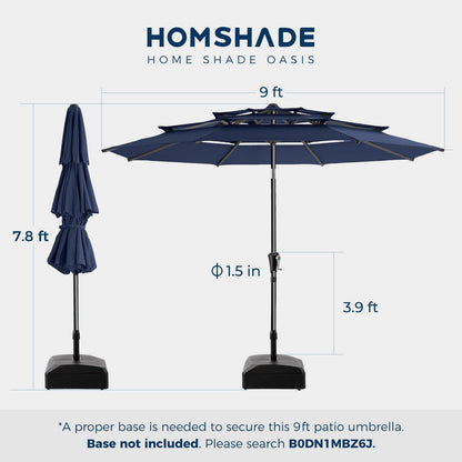 HOMSHADE 9FT 3-Tiers Outdoor Patio Umbrella with 5-Year Fade Resistant,Vented Outdoor Commercial Market Umbrella with UPF50+ UV Protection & Push Button Tilt and Crank for Pool,Backyard(Navy Blue)