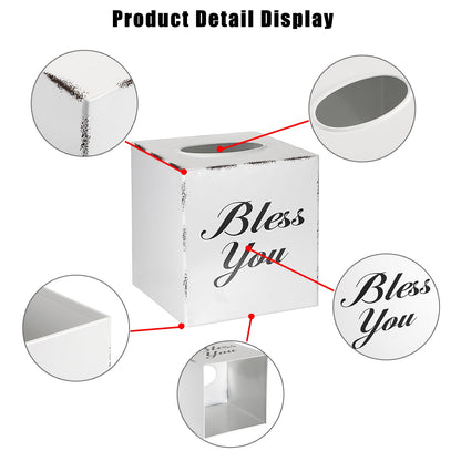Sumnacon Tissue Box Cover Square, Bless You Tissue Holders, Decorative Tissue Box Holder Open Bottom, Cube Metal Tissue Cover for Bathroom, Bedroom, Living Room, Office, Tabletop, Gift Option, White
