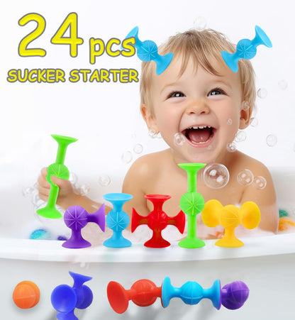 CreateView Suction Bath Toys for Baby, 24 Piece Starter Set Suction Cup Toys Stocking Stuffers Preschool Sensory Fidget Toys for Toddlers 1-3 4-8 | No Hole Bath Toy | BPA Free OT(Large)