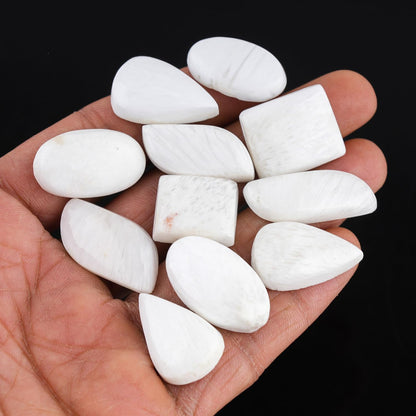 GemSymphony 100 Carat Natural Scolecite Gemstone Cabochon Lot Mixed Shapes – 5 to 6 pcs Hand Polished Crystal Stones for Jewelry Making Supply, Healing, Reiki, Craft Supplies, Unique Cab Set for Wire Wrapping & Collectors (15-20 mm)