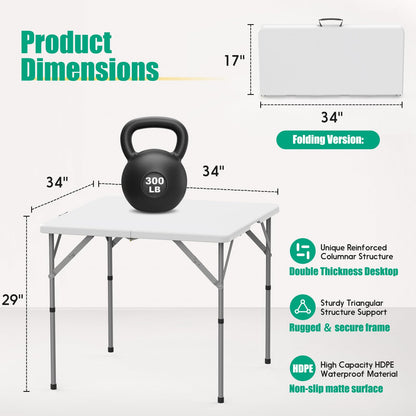 HLPB 34'' Square Folding Card Table, Fold-in-Half Portable Dining Table with Handle and Safety Lock, Foldable Plastic Dining Table Indoor Outdoor for Camping, Picnic and Party Event, White