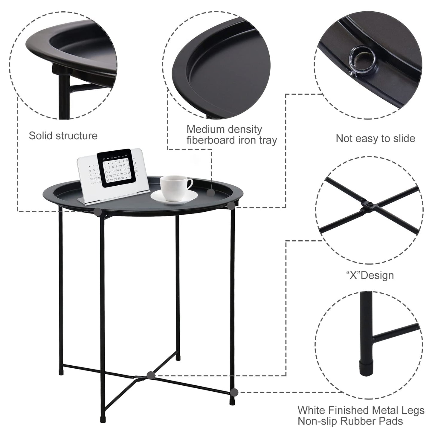 Garden 4 you End Table Metal Side Table Black Round Folding Tray Cyan Sofa Small Accent Fold-able Table, Round End Table Tray, Next to Sofa Table, Snack Table for Living Room and Bed Room