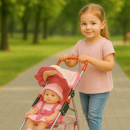 fash n kolor My First Doll Stroller with Basket - Pink Off-White Foldable Doll Stroller - Fits Upto 18" Dolls, 2 Free Magic Bottles Included