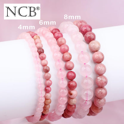 NCB 2-Piece 6mm Natural Crystal Gemstone Stretch Bracelets – ﻿Pink Quartz, Rhodochrosite Handmade Reiki Energy Healing Jewelry for Meditation,Yoga, Unisex