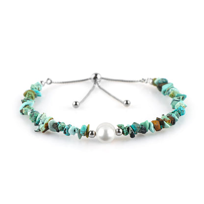 CRYSTALIS Natural Turquoise Beads Slider Bracelet with Elegant Pearl, High Grade Nuggets Crystal, Chakra Healing Gemstone, Gift Giving Women Jewelry, Silver Slider 10 inch