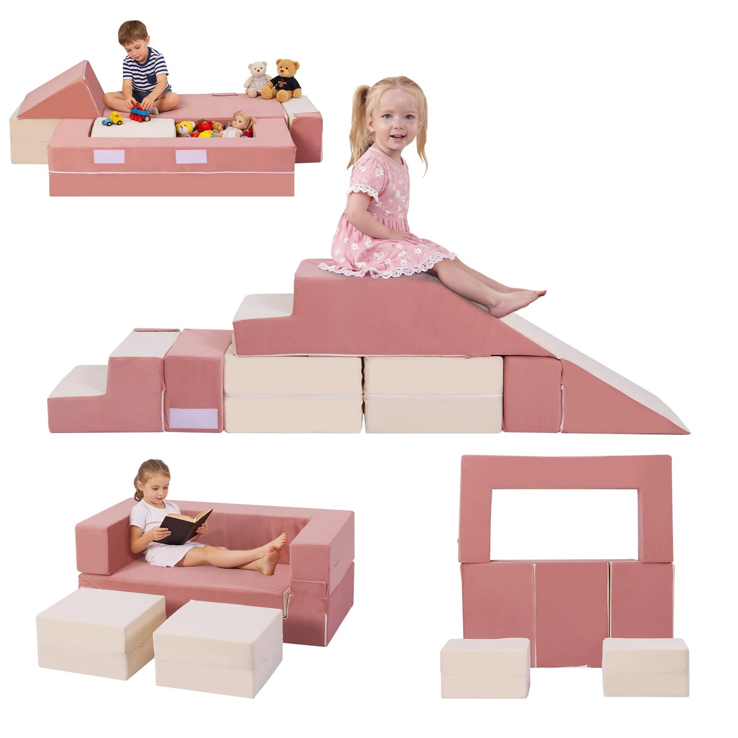 GudoInsole Kids Play Couch Foam Climbing Blocks for Toddlers Sofa Convertible Climbing Toy for Creative Child Girls and Boys Climber Playroom Furniture (Pink)