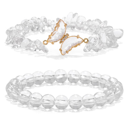 GolbalJew Clear Quartz Bracelet for Women Healing Crystal Stone Bracelets Clear Gemstone Beads Stretch Bracelet Butterfly Charms Jewelry Women Gift