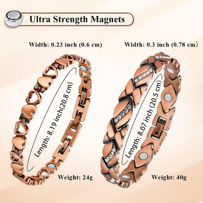 Vicmag Copper Magnetic Bracelet for Women Magnets Brazaletes 99.9% Solid Pure Copper Jewelry Gift for Her (Adjustable Size with Gift Box) (2PCS Love Heart)