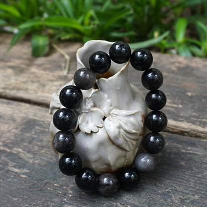 TaHLga 12mm Silver Obsidian Crystal Bracelet for Men Women | Natural Root & Third Eye Chakra Stone | Protection & Intuition | Fits for Large Wrist 8-8.5" | Come with Box & Pouch