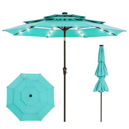 JoanKaren 3 Tier Patio Umbrella with Light, 9ft Outdoor Patio Umbrella with Vented Top, 24 LED Solar Lights, Easy Crank and Push Button Tilt, 8 Sturdy Ribs, for Pool, Deck, Yard, Garden, Light Blue