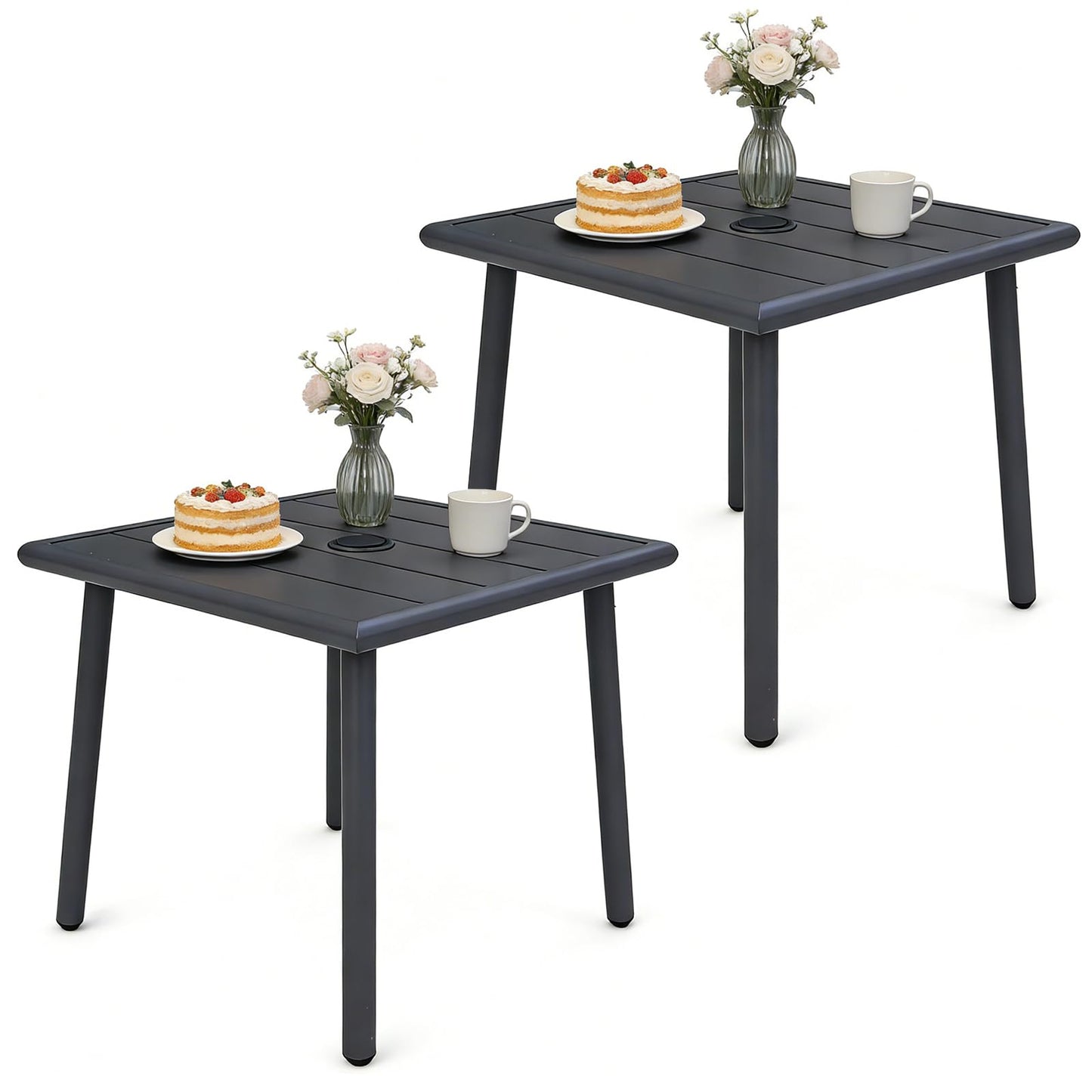 UFavo Home Small Metal Outdoor Side Table with Umbrella Hole Set of 2, Sqaure Patio Coffee Bistro Table End Table, Umbrella Table with Hole for Poolside Yard Porch Deck Balcony,19.7x19.7 inches, Gray