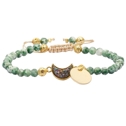 Nupuyai 4mm Faceted Stone Beads Bracelet for Women Men, Adjustable Healing Crystal Chakra Bracelet with Druzy Moon Charms, Green Dalmation Jasper