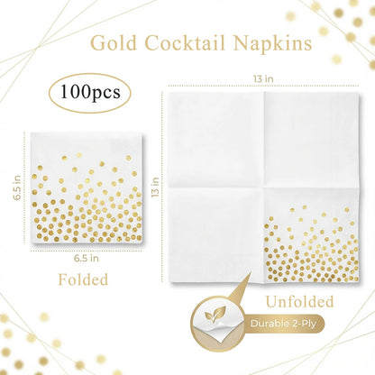 Yinbanban Stylish Paper Napkins 100 Packs,6.5" White Napkins with Gold Polka Dots Design,Great Cocktail Napkins,Dinner Napkins Disposable for Easter Wedding Birthday Party or Daily Use
