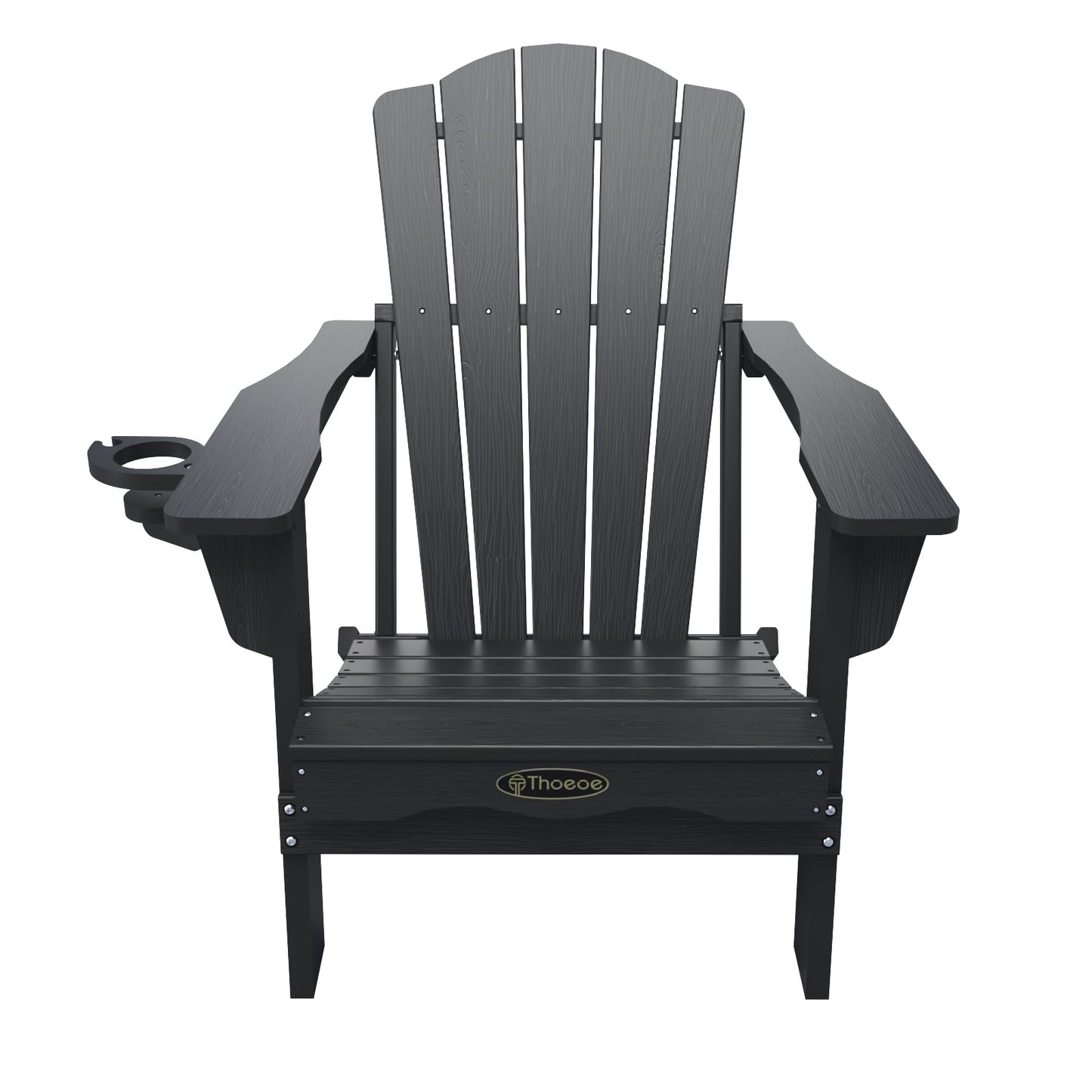 THOEOE Folding Adirondack Chair,HDPE All-Weather Outdoor Chair with Cup Holder,Wooden Textured,Fire Pit Chair,Plastic Patio Chair for Deck,Backyard,Garden,Lawn, Black