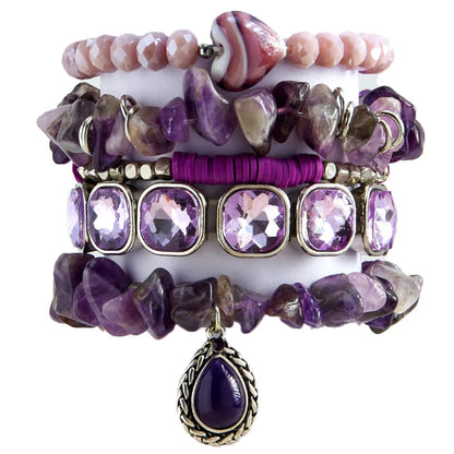 Yomisa Boho Beaded Bracelets for Women,Multilayer Wrap 5PCS Healing Natural Amethyst Stone Bead Bracelets Handmade Stackable Friendship Stretchy Beaded Bracelet Set Trendy Bohemian Jewelry Gift Women
