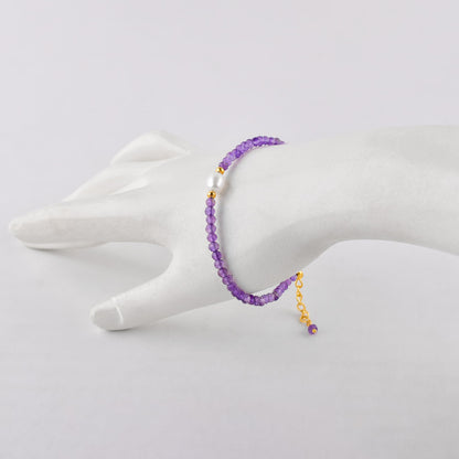 InfinityGemsArt Amethyst Bracelets For Women, February Birthstone Natural Purple Stone, Chakra Healing Crystal Freshwater Pearl Beaded Minimalist Lightweight Everyday Wear Jewelry, Gold Plated Chain 8 Inch