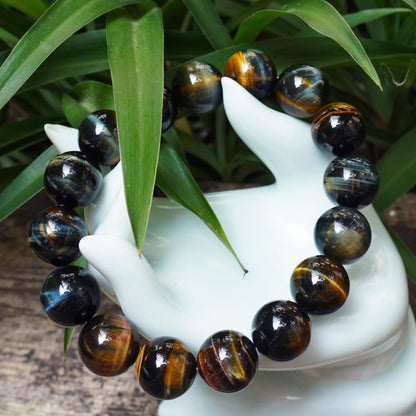 TaHLga 16MM Yellow Blue Tigers Eye Beaded Bracelet for Men | Natural Solar Plexus Chakra Gemstones | Bring Luck Wealth Courage | Protection from Evil | Gift