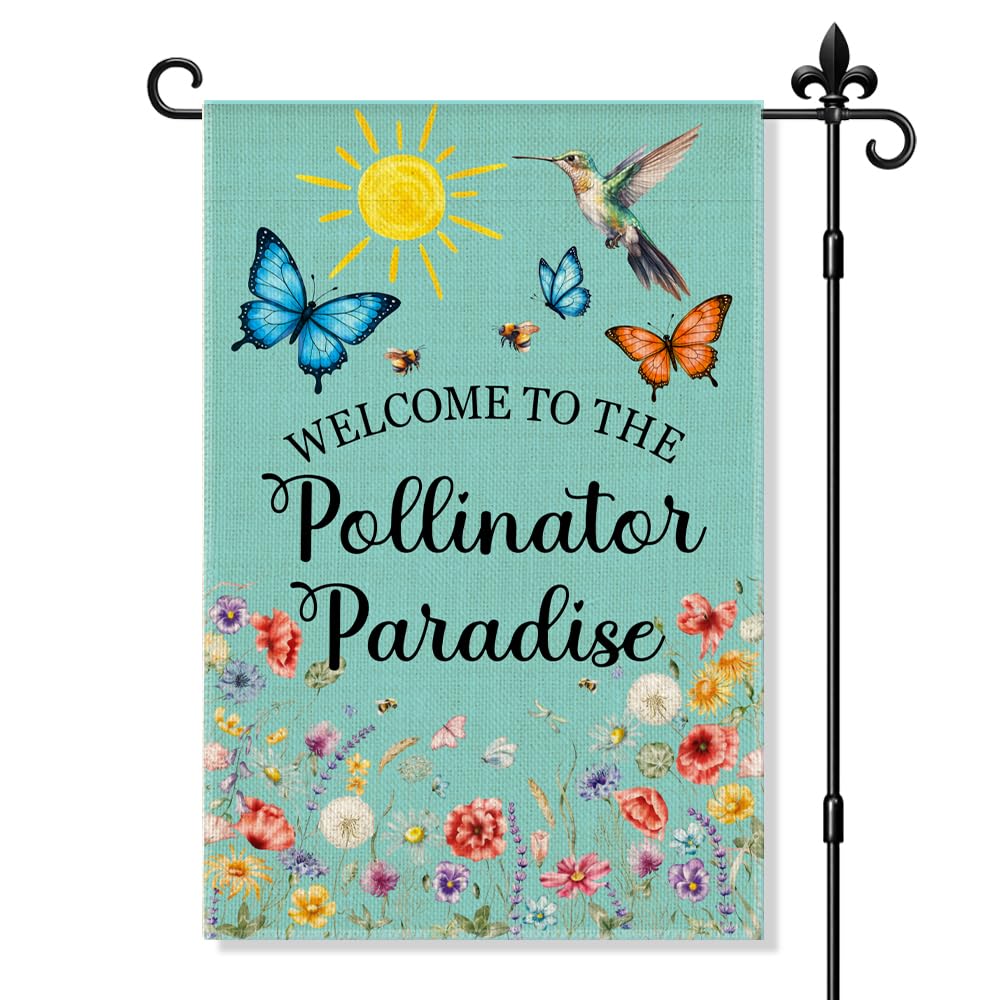 JQYCJTR Welcome To The Pollinator Paradise Garden Flag Double Sided Yard Outdoor Decoration 12x18 Inch, Birds And Plants Welcome Yard Garden Flag, Gardener's Lover Porch Decoration Banner