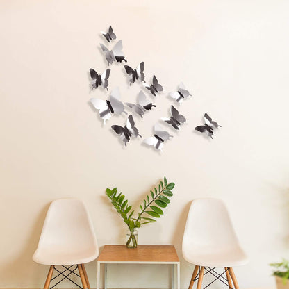 BBTO 48 Pieces Butterfly Wall Decor DIY 3D Mirror Butterfly Stickers Removable Decals Crafts for Birthday Party Bedroom School Bathroom Living Room Decor（Sliver）