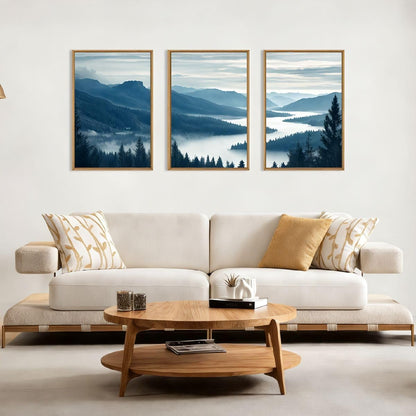 Aurlan Large Pine Tree Mountain River Framed Canvas Wall Art Set,Misty Blue Grey Forest Landscape Wall Decor,Modern Foggy Woodland Lake Artwork for Living Room,Bedroom,office-24 x36 x3