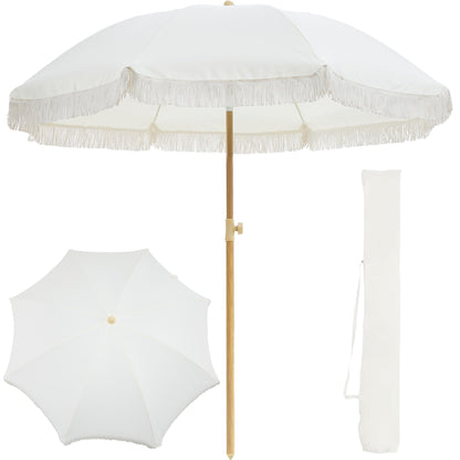 Kbrellaoutlets 7FT Boho Patio Umberlla with Fringe,UPF50+ Outdoor Umbrella with Fiberglass Ribs and Push Button Tilt,Tassels Umbrella for Beach,Terrace,Picnic (Belge)