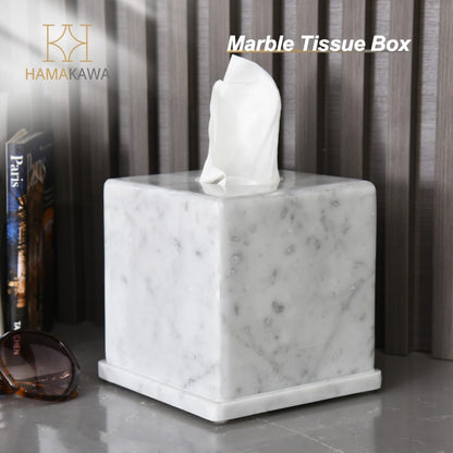 HAMAKAWA Natural Marble Tissue Box Cover, Carrara White Tissue Organizer 6 x 6 x 5.7 inch, Heavy Stone Decorative Box, Square Tissue Box Holder for Home Decor, Kitchen, Bathroom, Bedroom