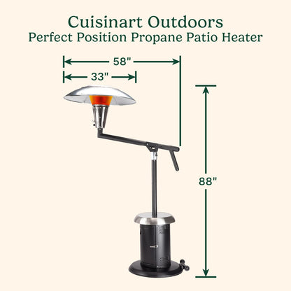 Cuisinart Perfect Position Propane Patio Heater, 38,200 BTU Powerful Directional Stainless Steel Outdoor Heater with Hidden Tank and Drink Table, Swivel Arm and Reflective Heat Shield