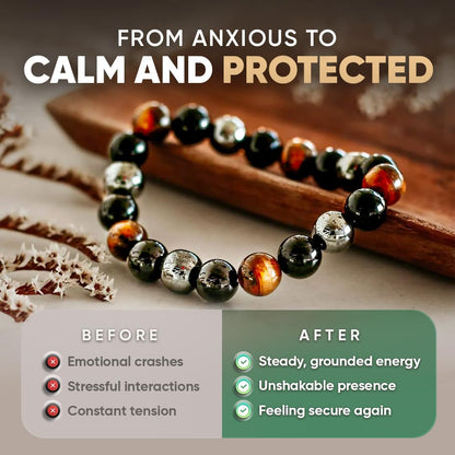 Conscious Items Triple Protection Bracelet, Tigers Eye, Hematite Stone, & Black Obsidian Bracelet, Spiritual Stone Bracelets for Women & Men, 7.87 in