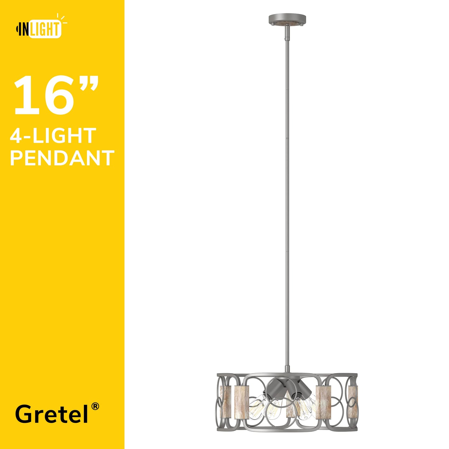 Inlight 16" Modern Farmhouse 4-Light Drum Island Chandelier with Distressed Wood Accents, Brushed Silver Gray Finish, Semi-Flush Convertible Pendant, IN-0336-4-WD
