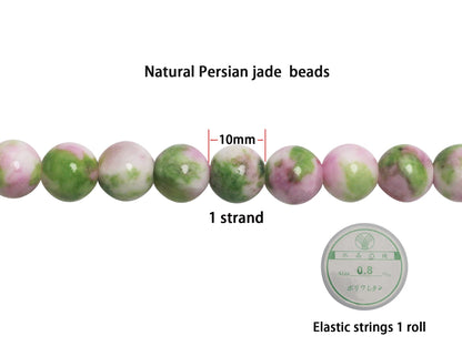 ZHFMLY 10mm Green & Pink Natural Gemstone Beads Persian Jades Stone Beads Crystal Energy Smooth Round Loose Beads for Necklace, Bracelet, Earring& DIY Jewelry Making (#109)