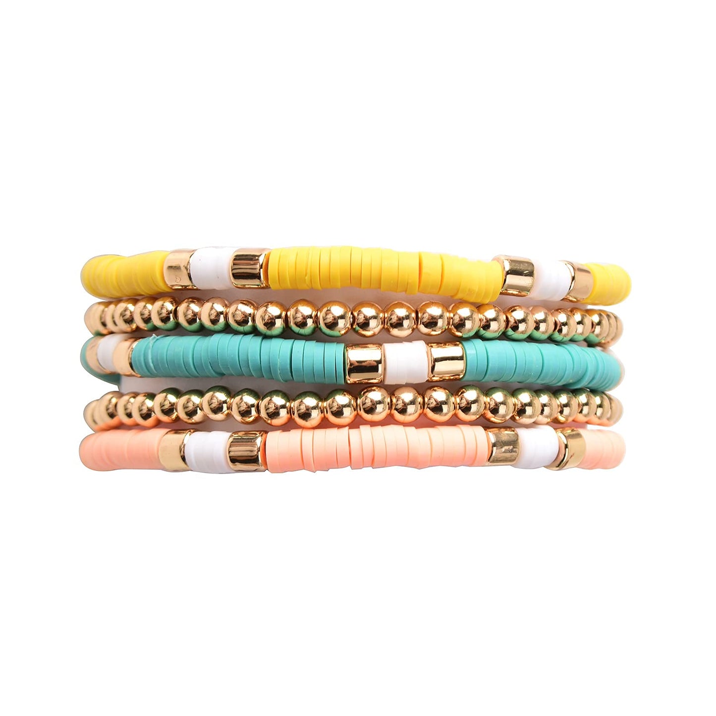 GOOJIDS Surfer Heishi Clay Bead Bracelets for Women Bohemian Stackable Gold Plated Beaded Stretch Bracelets Elastic Layering Friendship Bracelets Set Boho Jewelry
