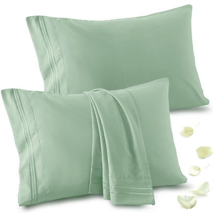 Vonty 2 Pack Standard Pillow Cases - 20x26 Inch, 1800 Thread Count Microfiber Pillowcases Standard Size Sage Green Pillow Cases Luxury & Soft Embroidered Bed Pillow Covers with Envelope Closure