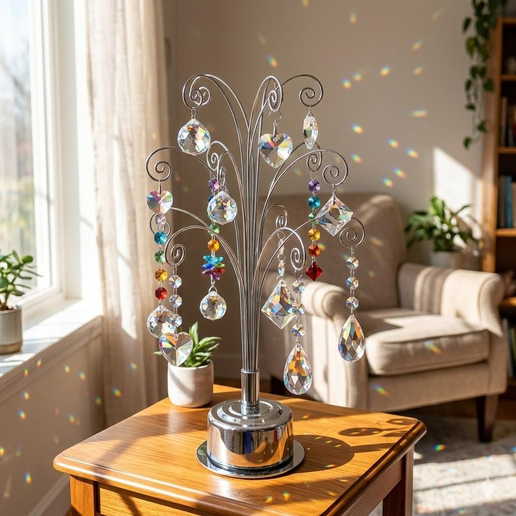 HOHIYA Ornament Display Stand 360° Rotating Christmas Tree Display with 15 Metal Hooks Tabletop Ornament Hanger for Crystal Glass Baubles Elegant Chrome Silver Eater Decor