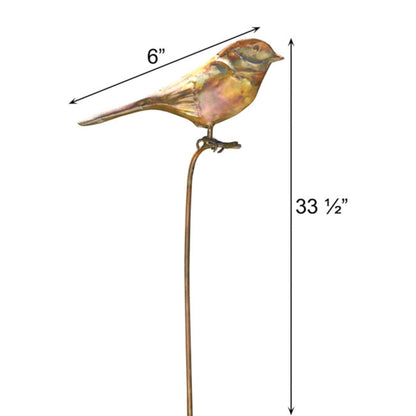 BestNest Ancient Graffiti Flamed Copper Garden Stakes, Set of 3 Metal Outdoor Yard Ornaments with Songbird, Dragonfly & Hummingbird Toppers, Decorative Staked Garden Art