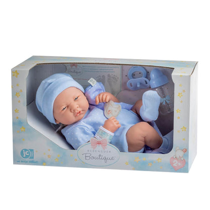 La Newborn Boutique 14" Realistic Baby Doll – 9-Piece Layette Gift Set, Soft Vinyl, Posable Limbs, Lifelike Detail – Anatomically Correct Real Boy in Blue (Berenguer / JC Toys)