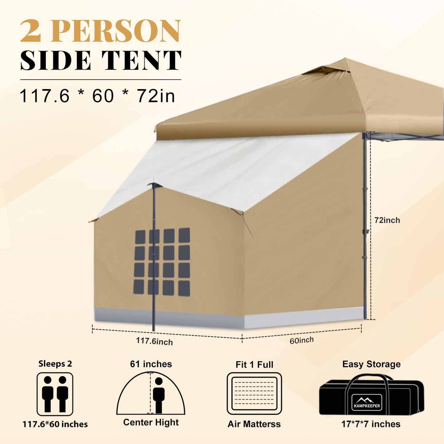 KAMPKEEPER 2 Person Canopy Side Tent, Camping Tent for 10x10 Canopies, Easy Up Cube Tents Gazebo Room with Mesh Window for Camping, Storage, Events(Canopy Not Included)