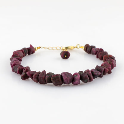 CRYSTALINES Natural Raw Ruby Gemstone Dainty Bracelet, 14K Gold Plated, Rough Stones, Handmade Hypoallergenic Jewelry, Healing Crystals, July Birthstone, Gift for Women, 7+1inch
