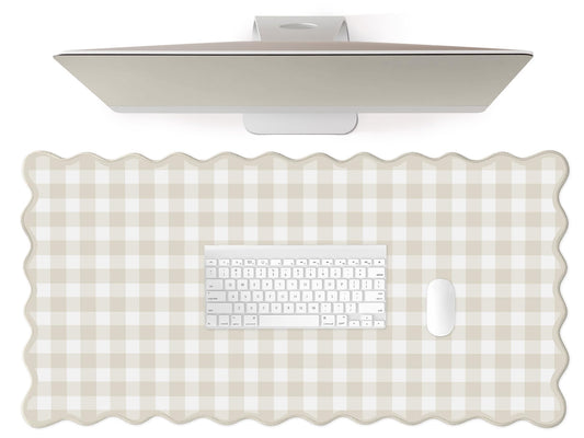ohisxiacy Scalloped‌ Beige Checkered Gingham Desk Mat Cute Pastel Large Mouse Pad Kawaii Cottagecore ‌Vintage‌ Rustic Keyboard Pad Computer Mat for Desktop Aesthetic Cozy Office Desk Decor