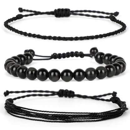 QOGIR Handmade Healing Stones Bracelet,8mm Natural Black Obsidian Gemstone Beads Bracelet,for Men Women Gifts with 2PCS Size Adjustable Rope Bracelets