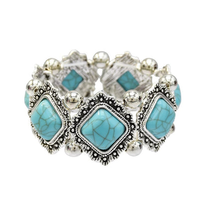 QLYOVWE Turquoise Stone Silver Overlay Link Bracelet for Women Bohemia Gemstone Adjustable Link Bracelets Handmade Link Bracelets Christmas Summer Beach Bracelets Jewelry (Blue)