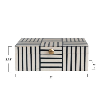 Bloomingville Plastic Storage Box with Striped Block Pattern and Gold Knob, Black and White
