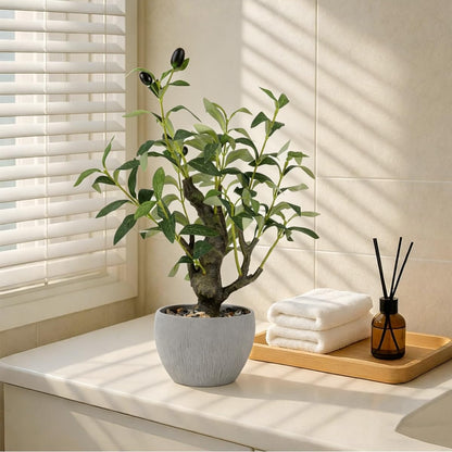 KAIRNE Artificial Olive Tree Potted,15.7” Tall Fake Green Plants,Realistic Leaves Decorative Table Decor,Lifelike Branches and Fruits Planter,Rustic Design Faux Plants for Home Office Desk Decor