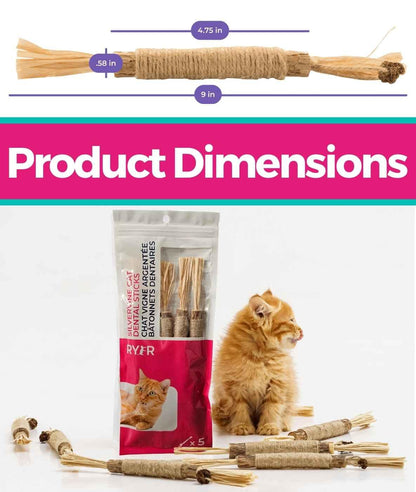 RYERCAT Silvervine Sticks for Cats - 100% Natural Cat Chew Toy for Aggressive Chewers and Kitten Teething - Pet Friendly, Smooth Finish, Irresistible Taste and Smell (5 Pack)