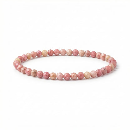Angelstones Natural Pink Rhodonite Gemstone Small Beaded Stretch Bracelet, 4mm Faceted Round Beads, Crystal Healing Bracelet for Women